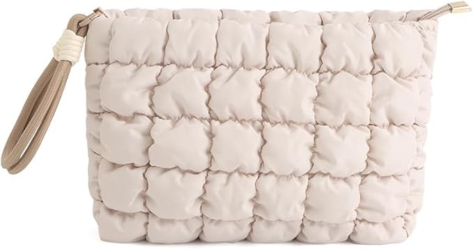 DOB SECHS Puffer Quilted Makeup Bag with Handle, Cute Puffy Cotton Cosmetic Bags for Women, Small Checkered Toiletry Zipper Pouch, Travel Essentials Storage Organizer Clutch Pouches Pencil Case, Khaki