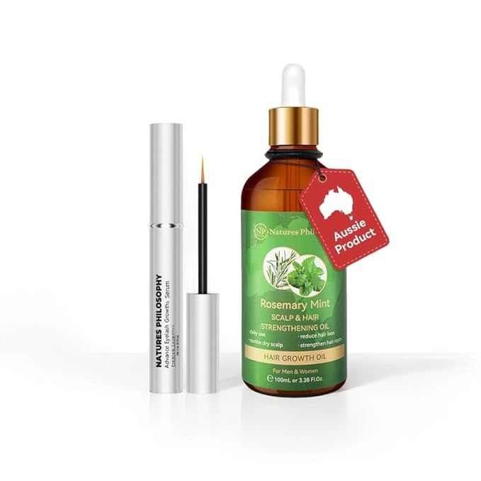 NP NATURES PHILOSOPHY Eyelash Growth Serum & Hair Growth Oil Set, Prostaglandin-Free Peptide Lash Serum and Aussie Rosemary Oil for Hair Growth, Thicker Fuller Lashes & Anti-Hair Loss for Men & Women