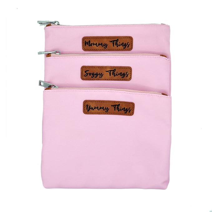 Stylish Diaper Bag Organizing Pouches - XL Set of 4 Pink Canvas Diaper Bag Pouches with Leather Embossed Labels, Leather Wristlet Strap & Durable Metal Zippers