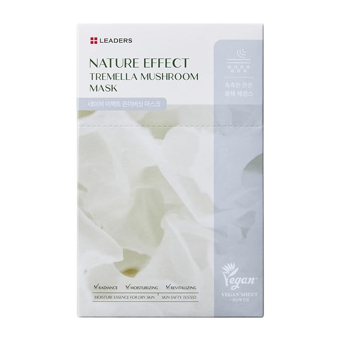 LEADERS Nature Effect Tremella Mushroom Mask - Hydrating & Elasticity Boosting Face Mask with Vegan Collagen, Moisturizing and Heals Dry Skin with Serum Content, Vegan Certified - 10 Sheets