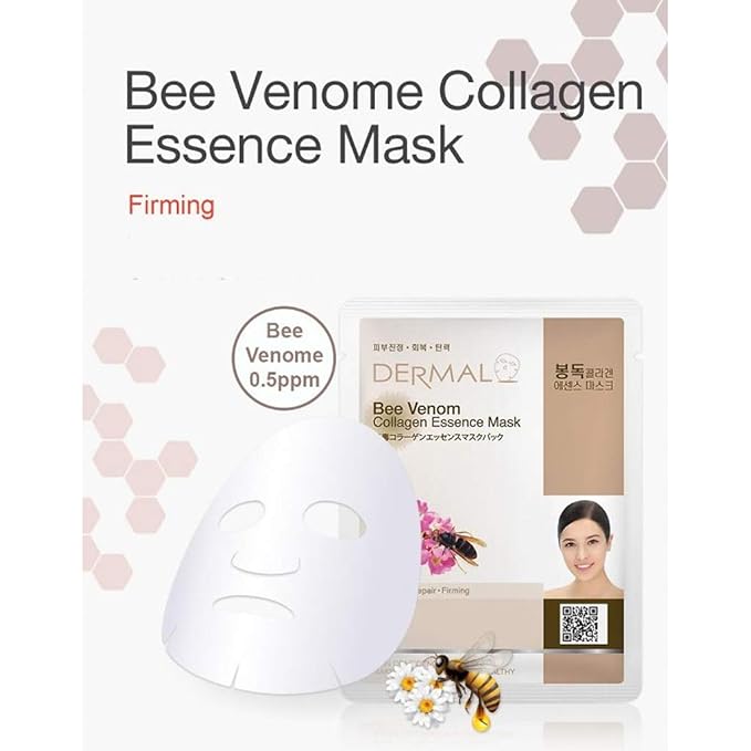 DERMAL Bee Venom Collagen Essence Korean Facial Mask Sheet Pack of 10 - Soothing and Hydrating Irritated Skin - Hypoallergenic Skin Friendly Sheet