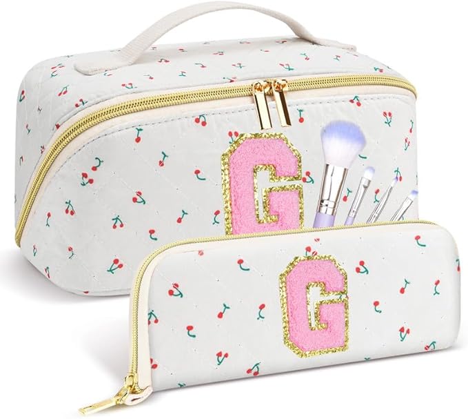 Personalized Travel Makeup Bag Set,Initial Travel Cute Cherry Makeup Organizer Bag,Toiletry Skincare Cosmetic Bag,Christmas Gifts for Women/Girls,Open Flat Toiletry Pouch with Brush Pocket-G