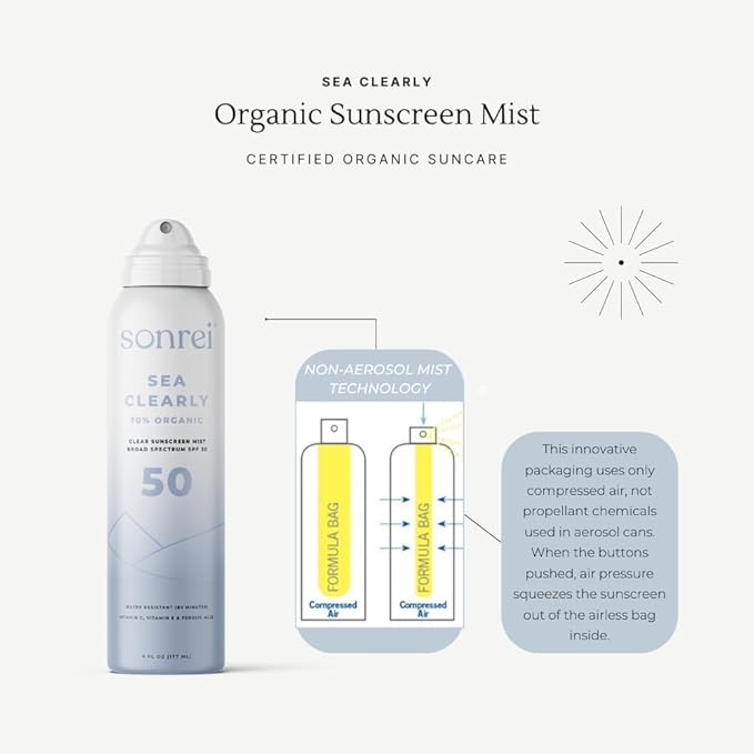 Sonrei Sea Clearly® Organic Mist Sunscreen | SPF 50, Broad Spectrum, Water-Resistant | Vegan, Non-Greasy | Ideal for Face & Body | 6 Fl Oz (Pack of 3)