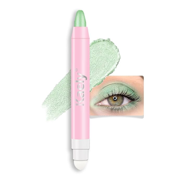 evpct 1Pcs Greenish Cyan Light Green Shimmer Cream Eye Shadow Brightener Sticks for Eyes Waterproof Pigmented, Double Ended Cream Eyeshadow Stick Pencil Pen with Applicator, Eye Shadow Palette