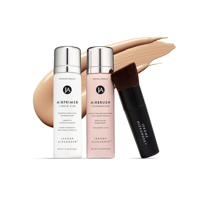 MagicMinerals AirBrush Foundation Set by Jerome Alexander – 3pc Set Includes Primer, Foundation and Kabuki Brush - Spray Makeup with Anti-aging Ingredients for Smooth Radiant Skin (Dark)