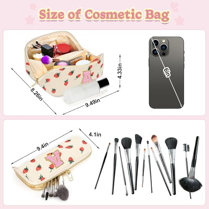 Personalized Travel Makeup Bag Set,Initial Travel Strawberry Makeup Organizer Bag,Toiletry Skincare Cosmetic Bag,Christmas Gifts for Women/Girls,Open Flat Toiletry Pouch with Brush Pocket-R
