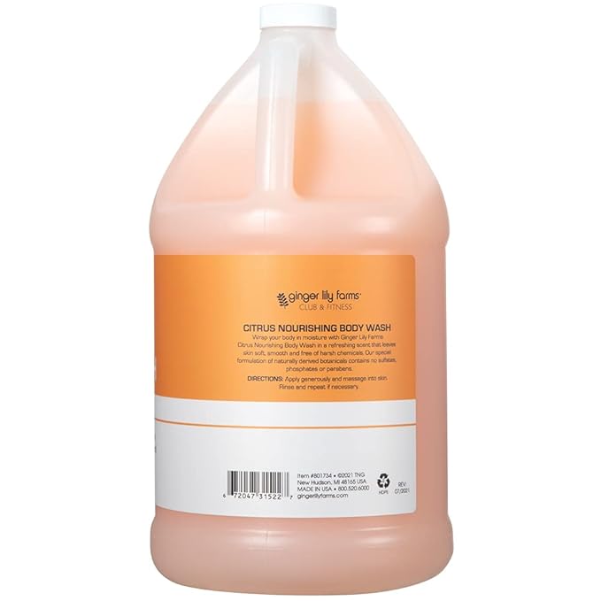Ginger Lily Farms Club & Fitness Nourishing Body Wash, 100% Vegan & Cruelty-Free, Bath & Shower Gel for Men and Women, Citrus Scent, 1 Gallon (128 fl. oz.) Refill