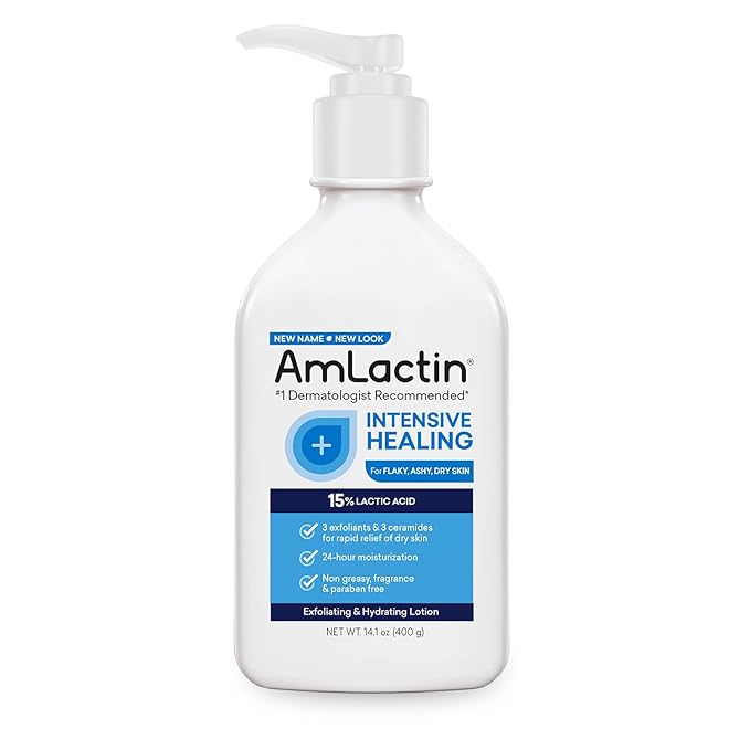 AmLactin Intensive Healing Body Lotion for Dry Skin - 14.1 oz and 7.9 oz Pump Bottles - 2-in-1 Exfoliator & Moisturizer with Ceramides & 15% Lactic Acid