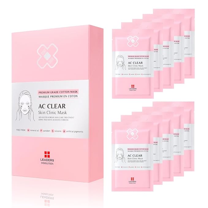 Leaders Insolution AC Clear Skin Clinic Mask | Snail Secretion & Tea Tree Oil for Acne, Redness, Oil Control | 100% Cotton Bemliese Sheet | Balances & Soothes Sensitive Skin (10 Sheets)