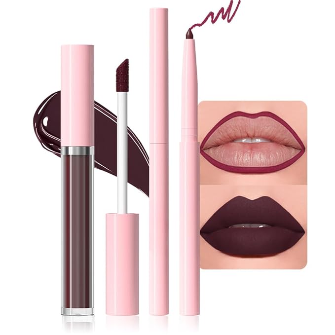 evpct Retractable 1Pcs Lip Liner Pencils and 1 Pcs Lip Gloss Makeup Set for Shaping & Sculpting Lips, Plum Long-Lasting Waterproof Longwear Matte Rich Lip Colors Liner Crayon Liquid Lipstick 11#