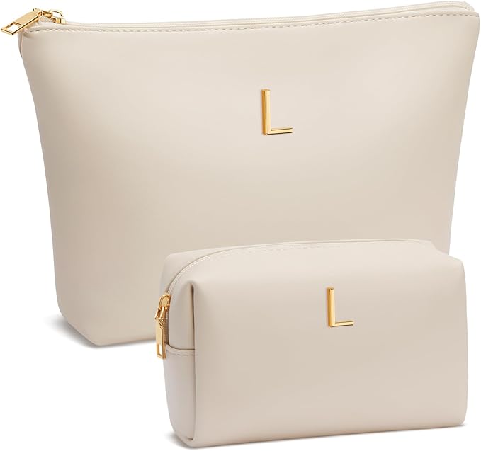 Women Gifts | Initial Makeup Bag Set for Girl Personalized Gifts for Bridesmaid Friend Graduation Teachers PU Leather Cosmetic Travel Toiletry Bag(Beige,L)