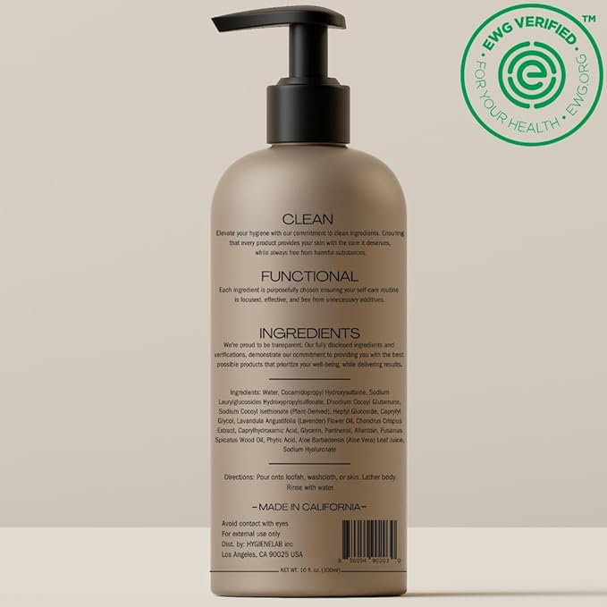 HygieneLab Mens Natural Body Wash - Ultra Hydrating, EWG Verified Clean Formula, Lavender Sands Scent, Sulfate-Free, Paraben-Free, Phthalates-Free, Gentle & Effective for Healthy Skin (10 oz)