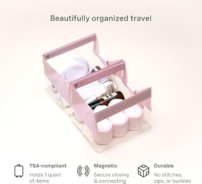 Cadence Parcel - Clear Kit with Magnetic Closure - Durable and Leak-Resistant Travel Toiletry Kit - TSA-Compliant & Modular Design - Hygiene Bag for Travel Essentials - .5 Qt - Rose