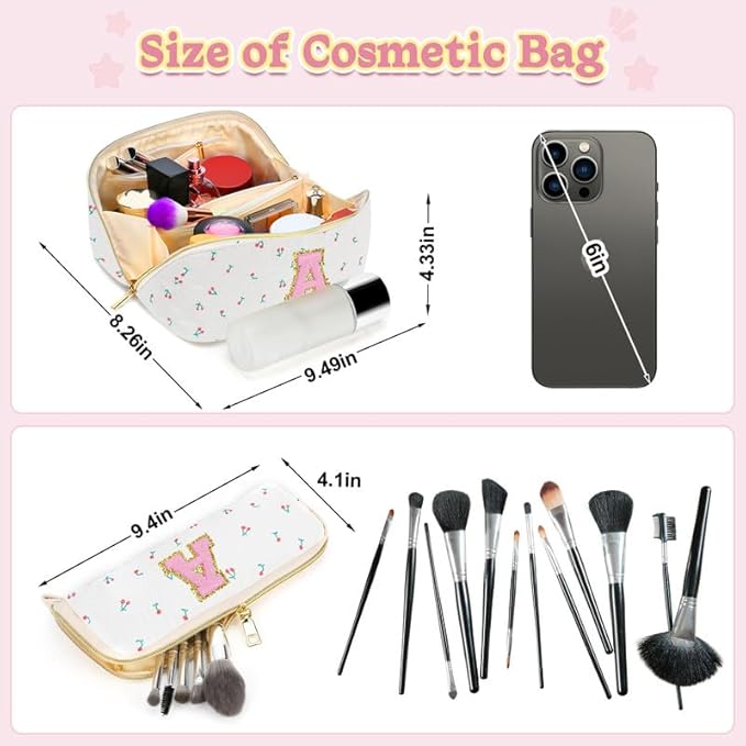 Personalized Travel Makeup Bag Set,Initial Travel Cute Cherry Makeup Organizer Bag,Toiletry Skincare Cosmetic Bag,Christmas Gifts for Women/Girls,Open Flat Toiletry Pouch with Brush Pocket-Q
