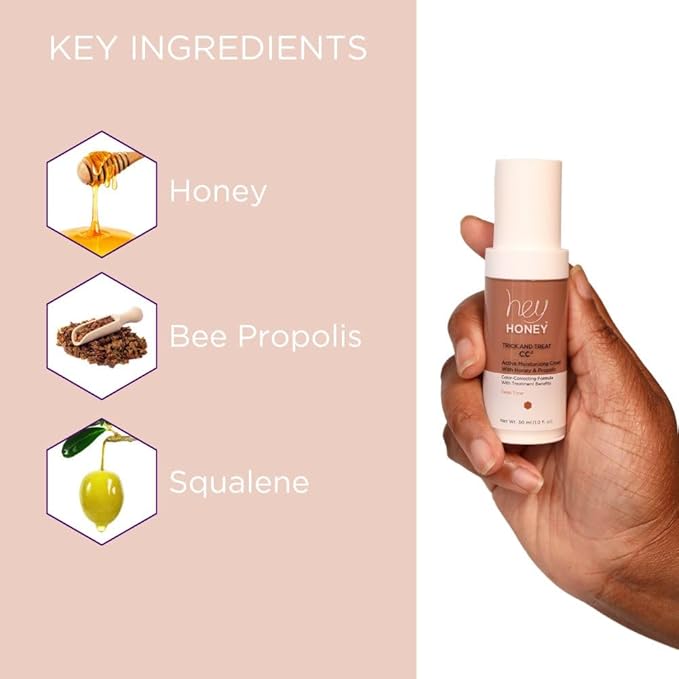 Hey Honey Trick and Treat CC Cream SPF 46 | Active Moisturizing Color Correcting Cream with Honey & Propolis | Best Cover For Rosacea, Skin Redness & Mature Skin | Cruelty-Free | 1 oz (Deep)