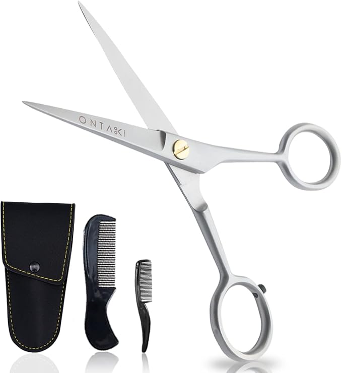 Ontaki German Steel Beard Scissors - 5-Inch, Silver, 1 Count - Beard Grooming Shears & Mustache Trimming Kit with Comb & Pouch, Airplane Friendly, Hand-Forged 410C Steel, Finger Rest