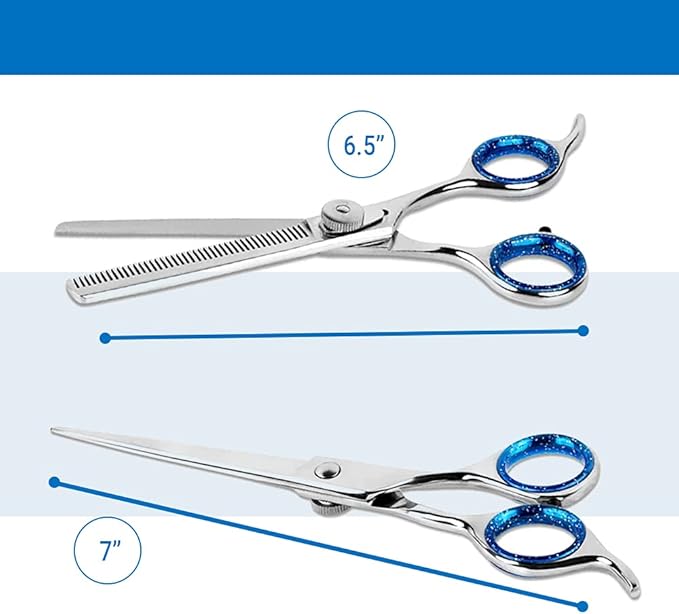 Laazar Pet Grooming Set - 7" Straight Pet Grooming Scissors & 6.5" Pet Thinning Shears with 42 Teeth | Professional Dog Scissors Kit | Use as Cat and Dog Shears