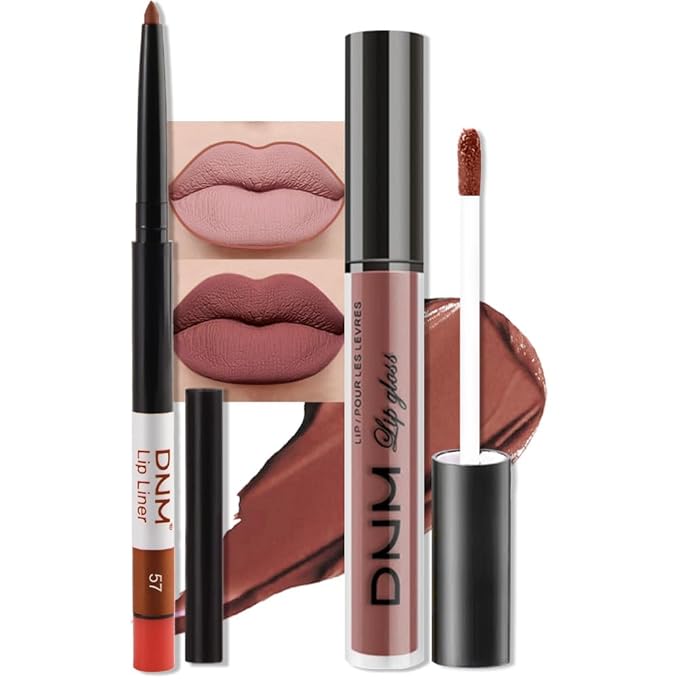 AMY'S DIARY 2Pcs Rosewood Brown Matte Lip Liner and Lipstick Makeup Set, Green Lip Stain Lip Gloss Matt Liquid Lipstick 24H Long Lasting lapiz labiales mate 24 horas originales larga duracion (57#)