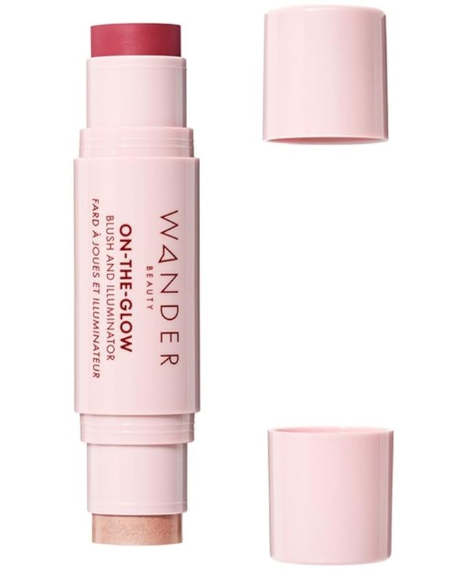 Wander Beauty On-the-Glow Blush and Illuminator - Strawberry Fields/Nude Glow - 7-in-1 Hydrating Cream Blush & Highlighting Stick - Stick Blush for Cheeks, Lip, & Body- Highlighter & Blush - 0.4 oz