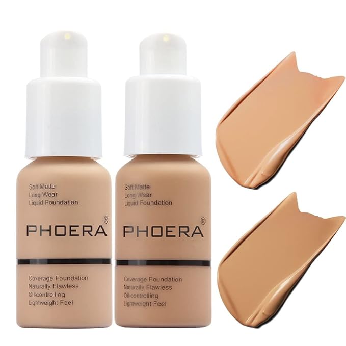 2 Pack PHOERA Foundation 104# Buff Beige and 105# Sand,Soft Matte Oil Control Liquid Foundation.