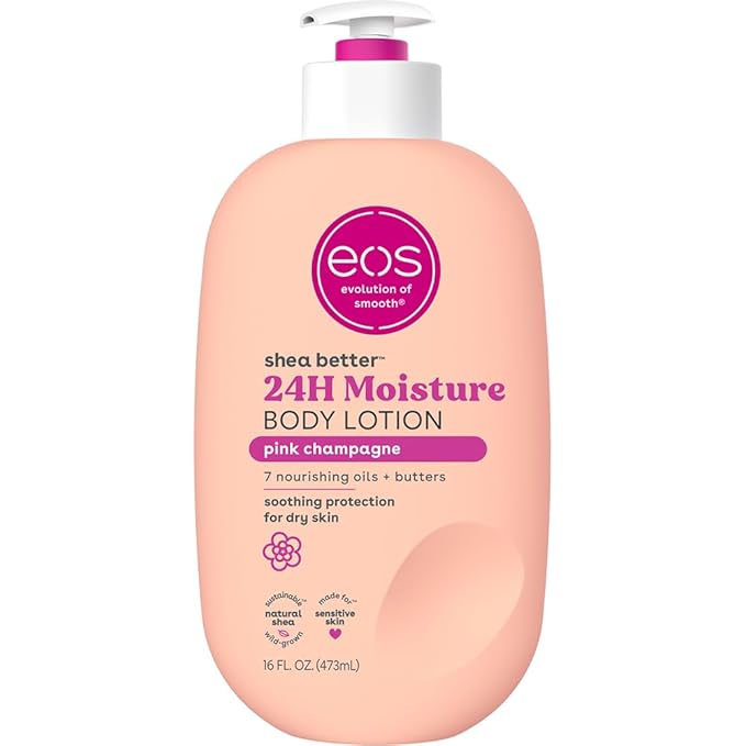 eos Shea Better Body Lotion Pink Champagne, 24-Hour Moisture Skin Care, Lightweight & Non-Greasy, Natural Shea, Vegan, 16 fl oz