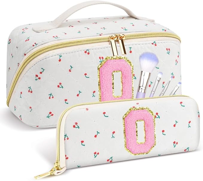 Personalized Travel Makeup Bag Set,Initial Travel Cute Cherry Makeup Organizer Bag,Toiletry Skincare Cosmetic Bag,Christmas Gifts for Women/Girls,Open Flat Toiletry Pouch with Brush Pocket-O