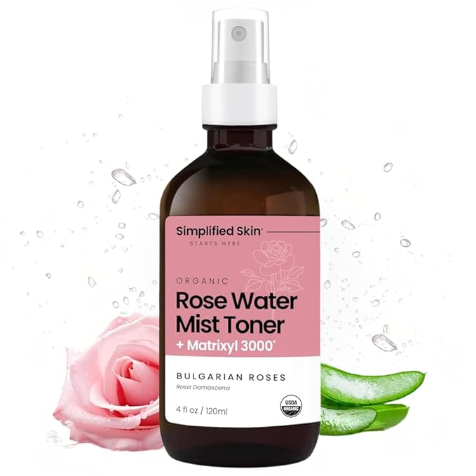 Rose Water Spray for Face with Matrixyl 3000 - Organic Rosewater Face Mist with Aloe Vera & Hyaluronic Acid - Hydrating, Reduces Fine Lines, Boosts Collagen Production, & Soothes Skin - 4 Fl Oz