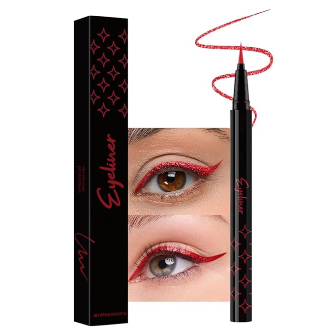 evpct 1Pcs Red Glitter Shimmer Liquid Eyeliner Eye Makeup Pencil Pen, Pearl Red Chrome Eyes Liner Face Glitter Makeup Fake Eyelashes Mascara Accessories, Sparkle Metallic Eyeliner Pen Waterproof