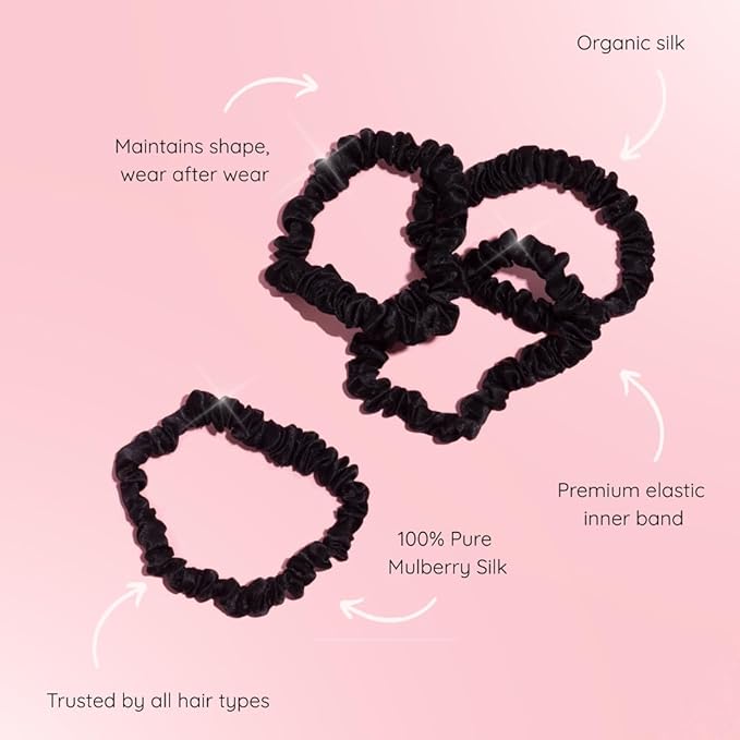 SILKIE x4 Set - Better than Satin - 100% Pure Mulberry Silk Black on Black Skinny Scrunchies Travel Pouch Everyday Hair Ties Elastics Hair Care Ponytail Holder No Damage (Noir)
