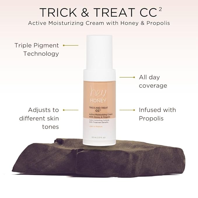 Hey Honey Trick and Treat CC Cream SPF 46 | Active Moisturizing Color Correcting Cream with Honey & Propolis | Best Cover For Rosacea, Skin Redness & Mature Skin | Cruelty-Free | 1 oz (Deep)