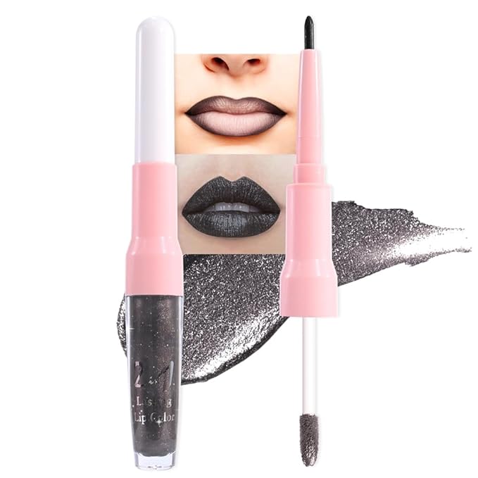evpct Black Metallic Glitter Lip Liner and Lipstick Combo Lip Gloss Stain Set Makeup for Women Long Lasting Waterproof 24, Goth Gothic Halloween Metallic Shimmer Frosted Iridescent Liquid Lipstick 17