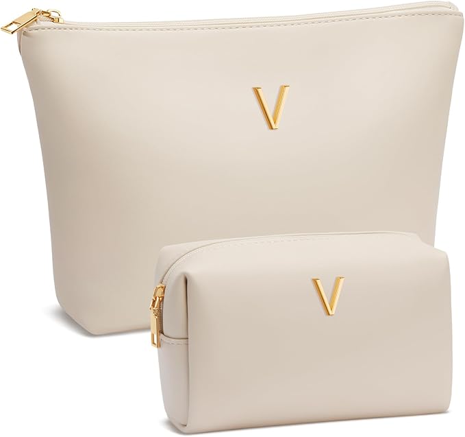 Women Gifts | Initial Makeup Bag Set for Girl Personalized Gifts for Bridesmaid Friend Graduation Teachers PU Leather Cosmetic Travel Toiletry Bag(Beige,V)