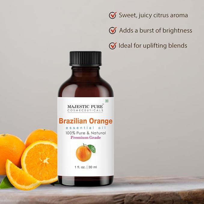 Majestic Pure Brazilian Orange Essential Oil with Glass Dropper - 1 Fl Oz - 100% Pure and Natural Brazilian Orange Oil - Premium Grade Essential Oils for Diffuser, Aromatherapy, Soap and Candle Making