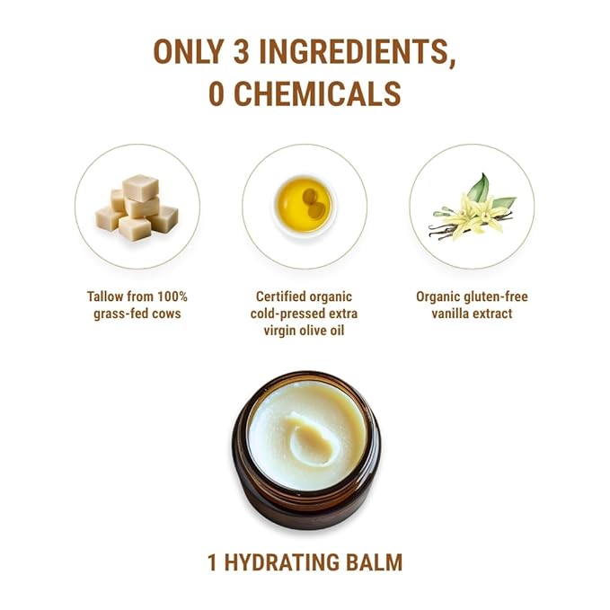 Vintage Tradition Beef Tallow All Purpose Balm - Healing, Hydrating Mild Vanilla Skin Care Salve Replaces Body Lotion, Hand Cream, More - Essential Oil, Olive Oil, and Grass-Fed Tallow, 2 fl. oz.