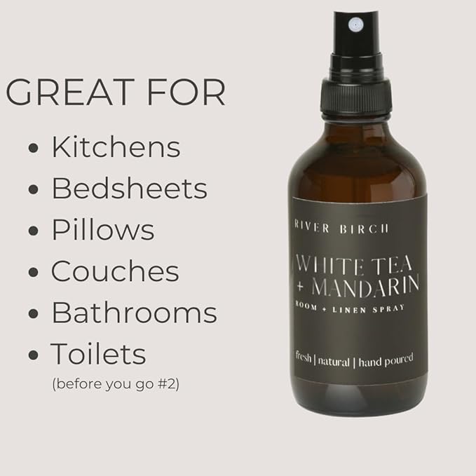 River Birch White Tea + Mandarin Scented Linen and Room Spray | Home Fragrance | 4 oz Glass Amber Bottle | Luxury Signature Scent | Handmade in Texas