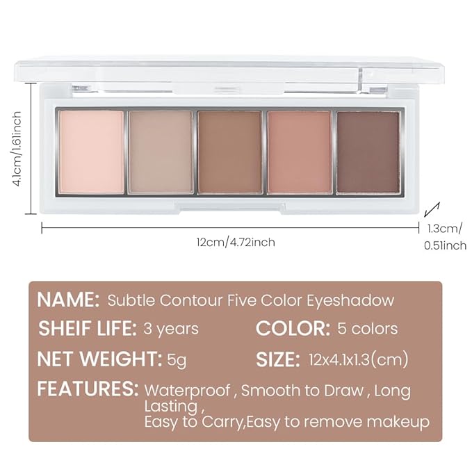 5 Colors Matte Eyeshadow Makeup Palette, 5 Natural Nude Brown Light Brown Cool-Toned Eyeshadow, Looks for Brown Eyes Women Finish Long Wearing Waterproof Professional Eye Makeup 02#