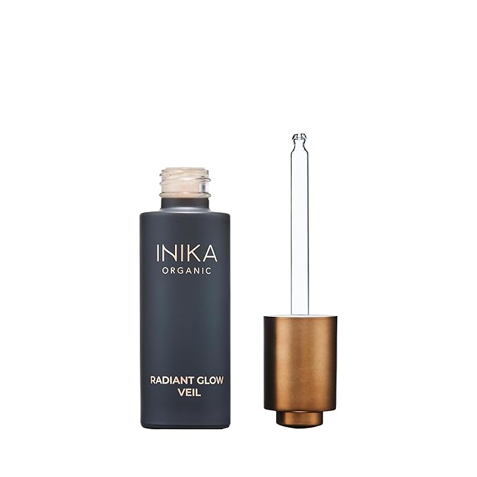 INIKA Organic Radiant Glow | Illuminate & Prime. Dewy, radiant Finish. Beautifying Primer, Nourishing Moisturiser, Finishing Highlighter. 100% Natural, 72% Organic Ingredients. Alcohol Free. 30mL