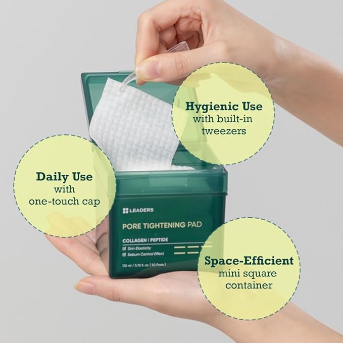 LEADERS Pore Tightening Toner Pad - Triple-Action Pore Improvement Skin Elasticity| Vegan-Certified | Clinically Proven Efficacy | Korean Skincare 50 Pads x 170ml