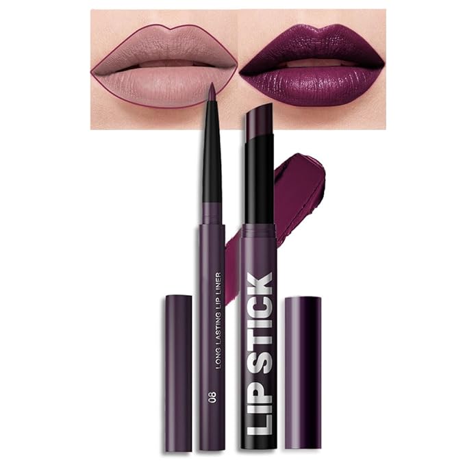 2Pcs 2 in 1 Matte Dark Purple Lip Liner and Lipstick Combo Set for Women,Lipstick Stain Lip Liner for Daily & Party Long Lasting Waterproof Smudge Proof 24 Hour Full Coverage Vegan Lip Makeup Kit