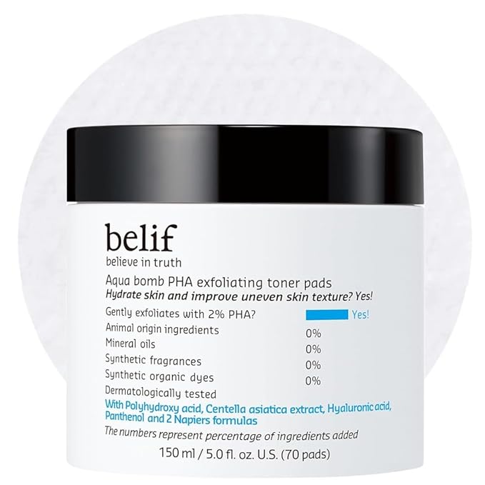 belif PHA 2% Toner Pads – Gentle Exfoliating Facial Polish for Pore Care, Hydrating & Soothing with Panthenol & Cica, Double-Sided Texture, Ideal for Sensitive Skin, Korean Skincare (70 Pads)