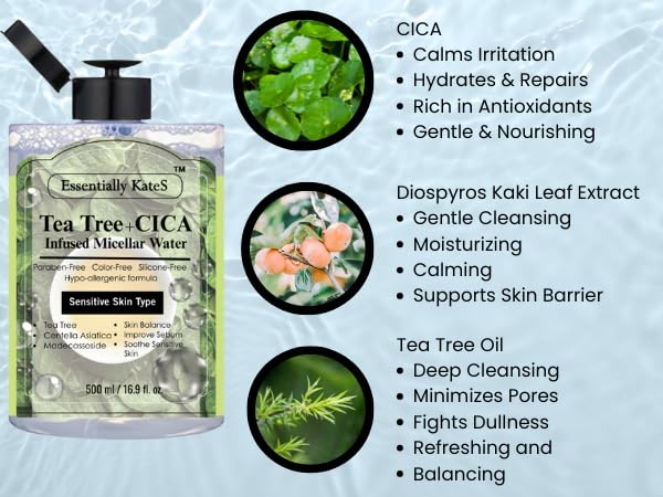 Essentially KateS Makeup Remover Micellar Cleansing Water 16.9 Fl Oz with Hyaluronic Acid & Tea Tree, Hydrating and Suitable for Sensitive Skin - Eyes+Face+Lips - Korean Skin Care