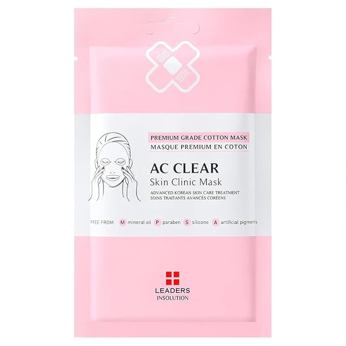 Leaders Insolution AC Clear Skin Clinic Mask | Snail Secretion & Tea Tree Oil for Acne, Redness, Oil Control | 100% Cotton Bemliese Sheet | Balances & Soothes Sensitive Skin (10 Sheets)