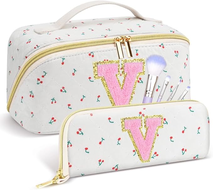 Personalized Travel Makeup Bag Set,Initial Travel Cute Cherry Makeup Organizer Bag,Toiletry Skincare Cosmetic Bag,Christmas Gifts for Women/Girls,Open Flat Toiletry Pouch with Brush Pocket-V