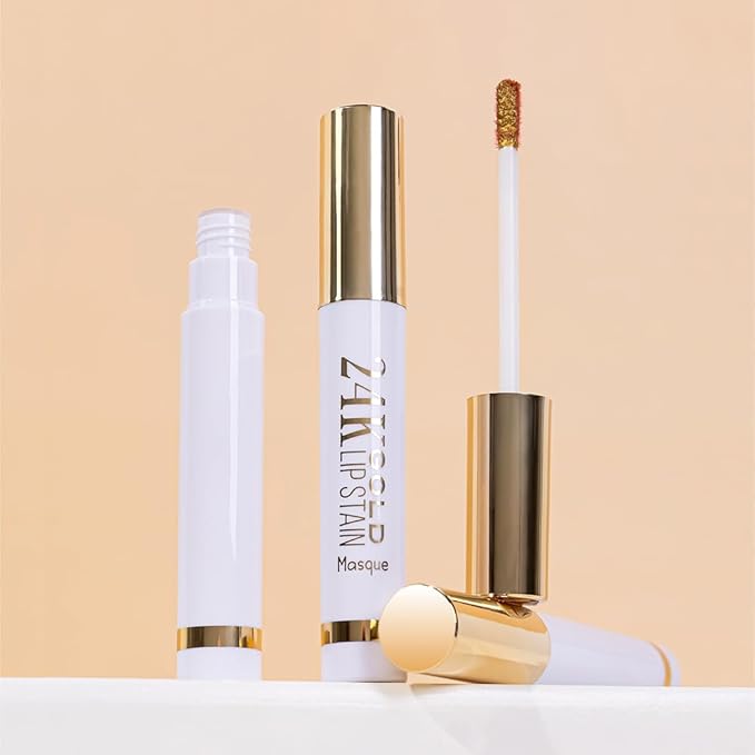 2Pcs 2025 New 24K Gold Liquid Lip Gloss Peel Off Lip Stain Tattoo with Tweezer, Lips Stain Peel Off Masque, Long Lasting Waterproof Lip Tint Stain, Transfer-proof for All Skin Types 03#+04#
