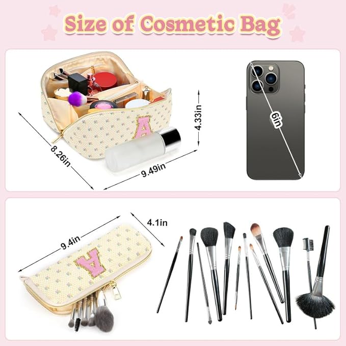 Personalized Travel Makeup Bag Set,Initial Travel Cute Floral Makeup Organizer Bag,Toiletry Skincare Cosmetic Bag,Christmas Gifts for Women/Girls,Open Flat Toiletry Pouch with Brush Pocket-V