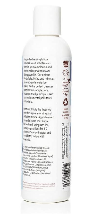 Botanical Cleanser, 8oz – Gentle, Hydrating Face Wash with Spirulina & Willow Bark – Organic and Vegan – Removes Makeup & Impurities – For Normal & Dry Skin
