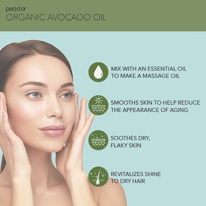 PURA D'OR 16 Oz ORGANIC Avocado Oil - 100% Pure & Natural USDA Certified Cold Pressed Carrier Oil For DIY Beauty, Non-Greasy, Unscented, Hexane Free Liquid Moisturizer - Face Skin & Hair - Men & Women