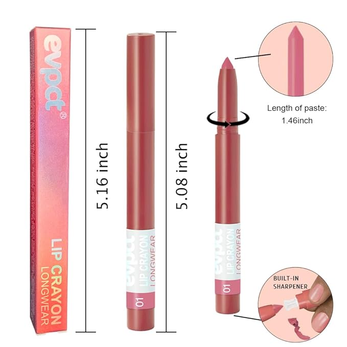 evpct Dusty Pink Lip Liner Crayon Pencils Set for Women, Pink Beige Matte Lip Stick Crayon Long Lasting, Lips Pencil Liner and Lipstick set, Lipliner Pencil, 24 Hours Lipstick Built-in Sharpener 01