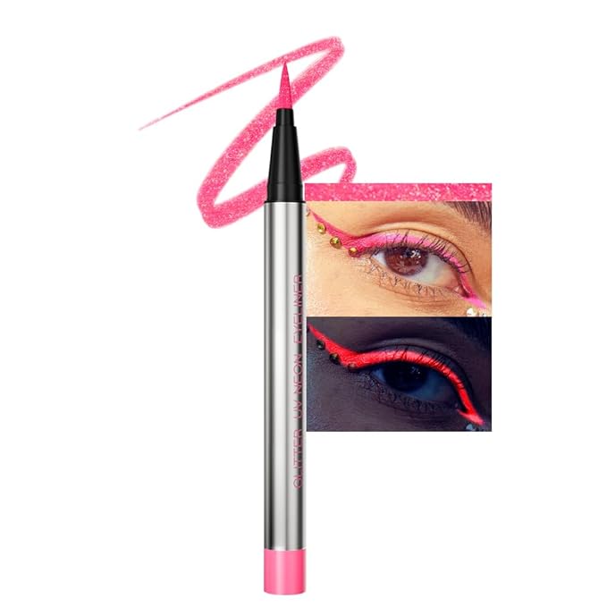 evpct Pink Shimmer Eyeliner UV Neon Gel Eyeliner Pencil Makeup, Rainbow Halloween Colored Colorful Gel Eye Liner Pen Glow in Dark Makeup, Long Lasting Waterproof Eyeliners for Face Body Painting