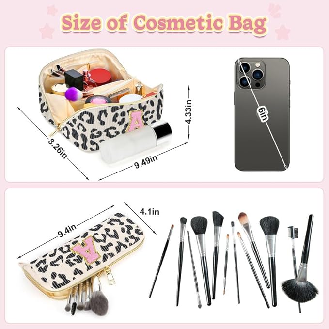 Personalized Travel Makeup Bag Set,Initial Travel Cute Leopard Makeup Organizer Bag,Toiletry Skincare Cosmetic Bag,Christmas Gifts for Women/Girls,Open Flat Toiletry Pouch with Brush Pocket-W